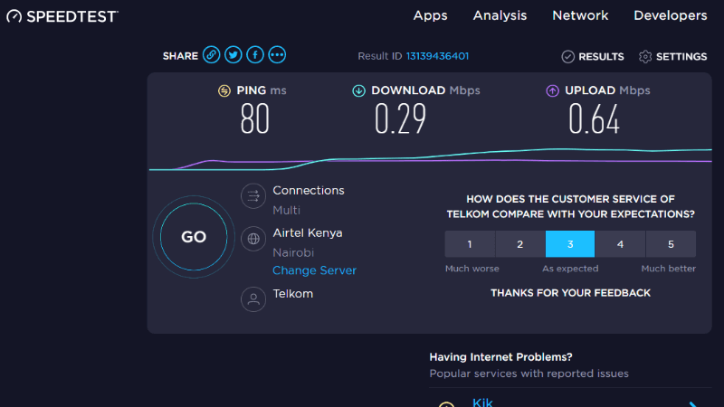 a screenshot showing a network's speed test results